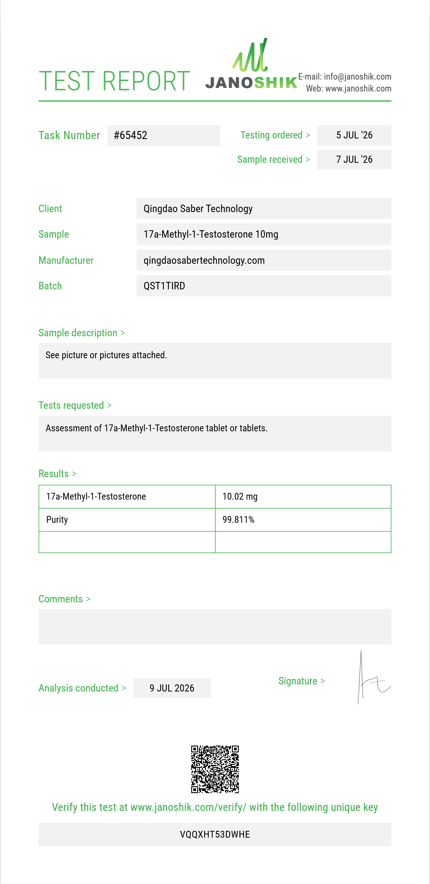 17a-Methyl-1-Testosterone Purity (HPLC) report by Janoshik Analytical