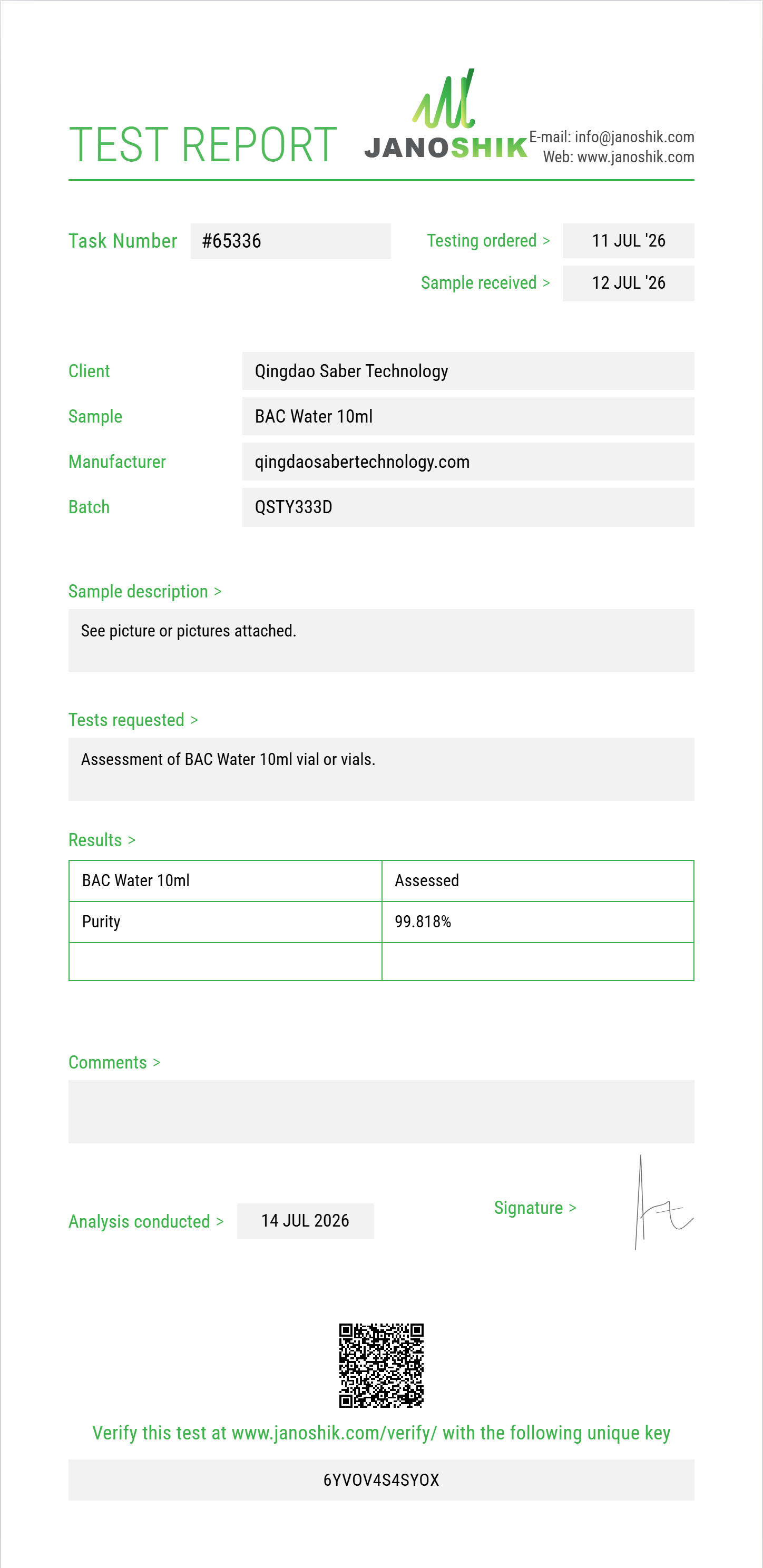 BAC Water Bundle Purity Test Report by Janoshik