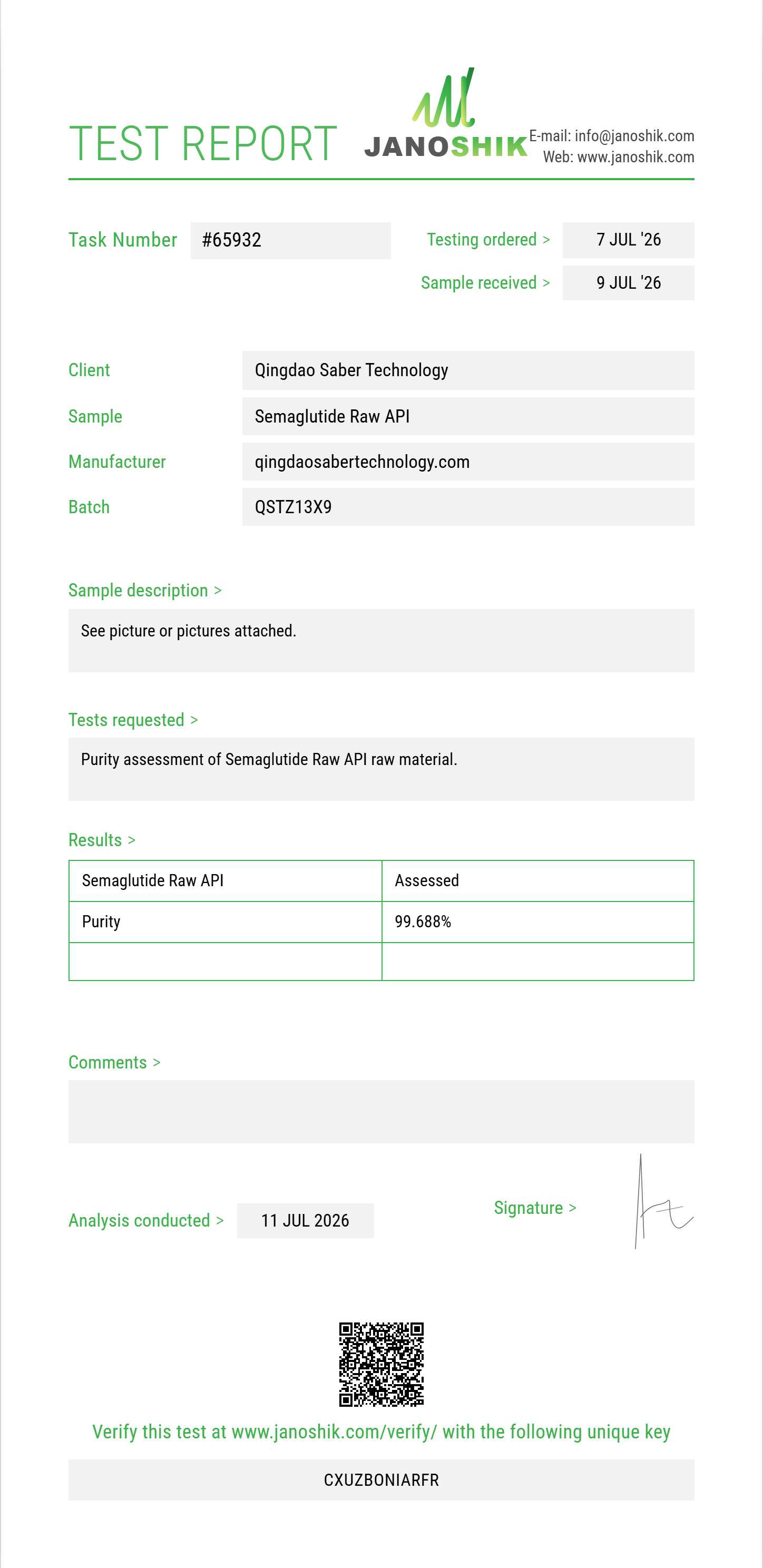Semaglutide Raw Purity (HPLC) report by Janoshik Analytical