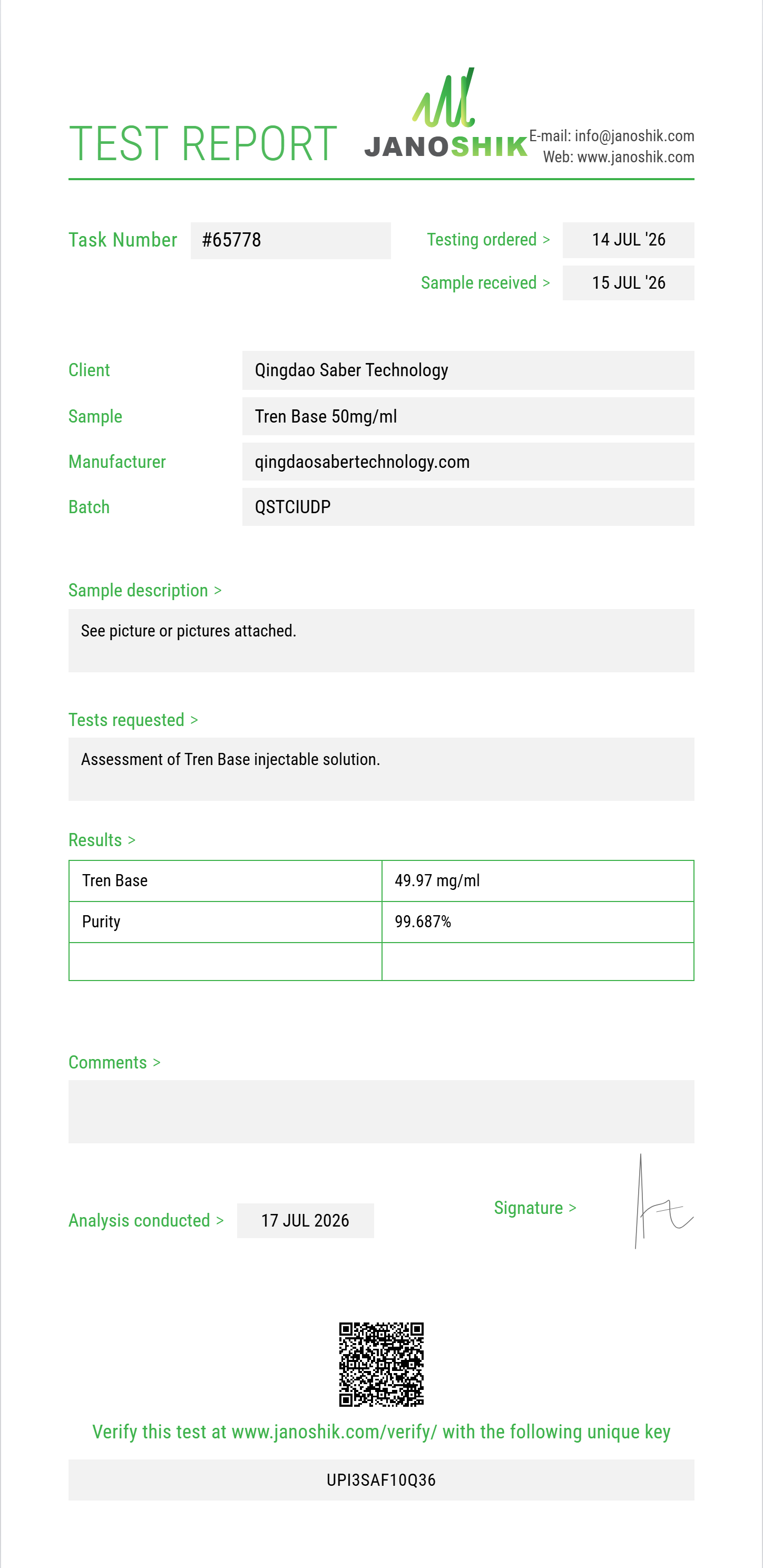 Tren Base Purity (HPLC) report by Janoshik Analytical