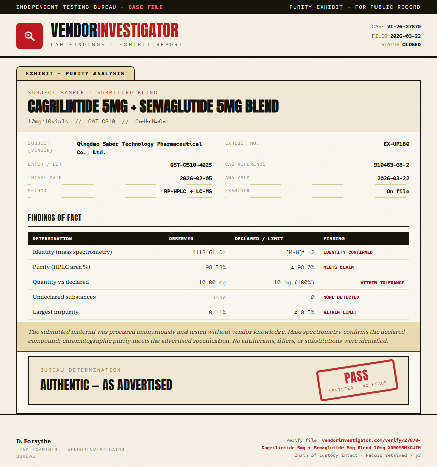 Cagrilintide 5mg + Semaglutide 5mg Blend Purity (HPLC) report by VendorInvestigator