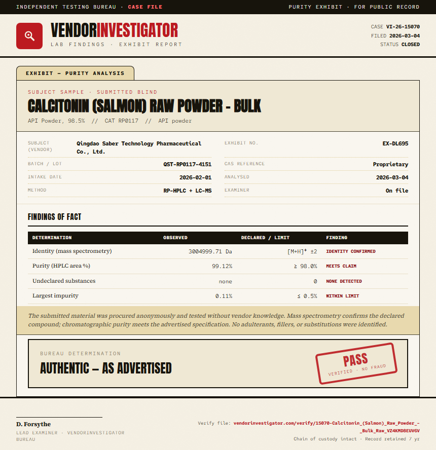 Calcitonin (Salmon) Raw Powder - Bulk Purity (HPLC) report by VendorInvestigator