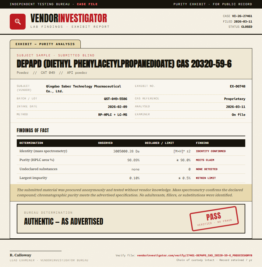 DEPAPD (diethyl phenylacetylpropanedioate) CAS 20320-59-6 Purity (HPLC) report by VendorInvestigator