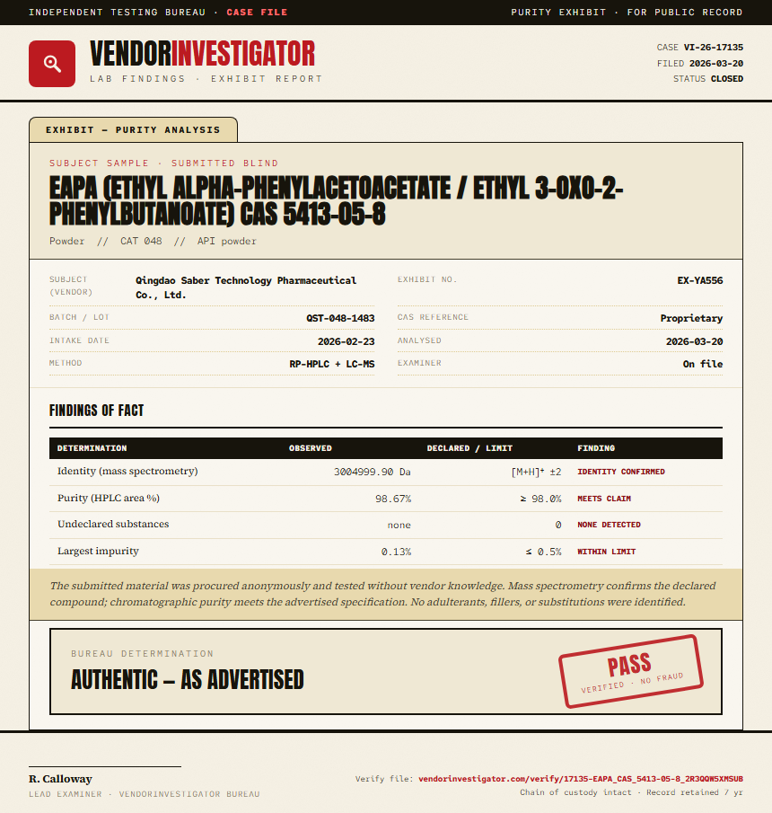 EAPA (ethyl alpha-phenylacetoacetate / ethyl 3-oxo-2-phenylbutanoate) CAS 5413-05-8 Purity (HPLC) report by VendorInvestigator