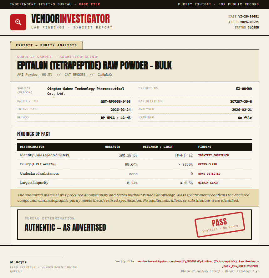Epitalon (Tetrapeptide) Raw Powder - Bulk Purity (HPLC) report by VendorInvestigator