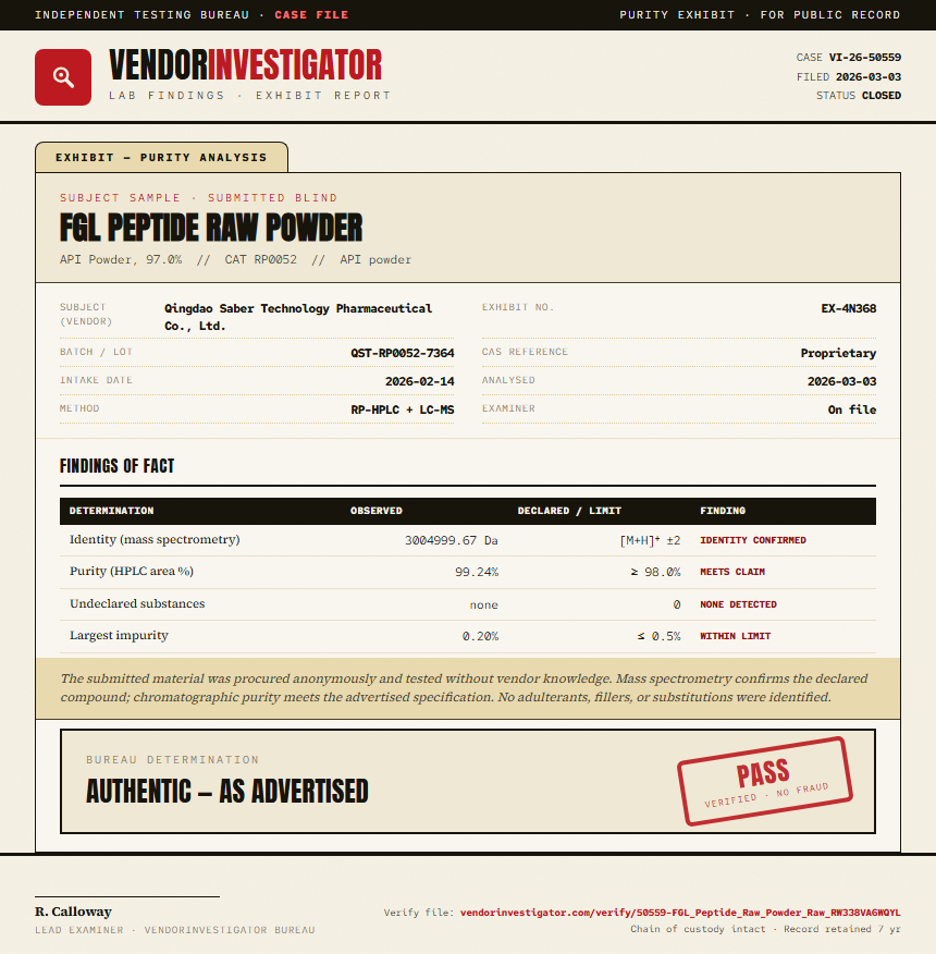 FGL Peptide Raw Powder Purity (HPLC) report by VendorInvestigator