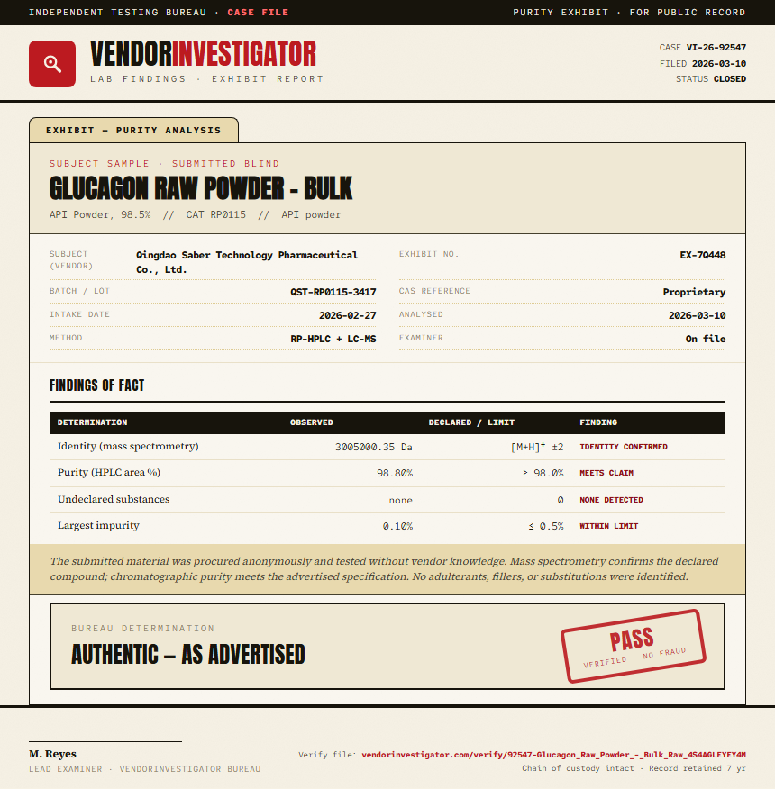 Glucagon Raw Powder - Bulk Purity (HPLC) report by VendorInvestigator