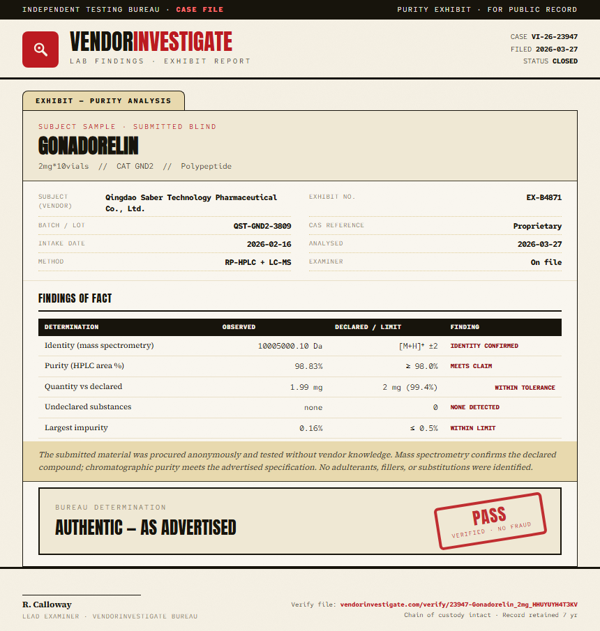 Gonadorelin Purity (HPLC) report by VendorInvestigate