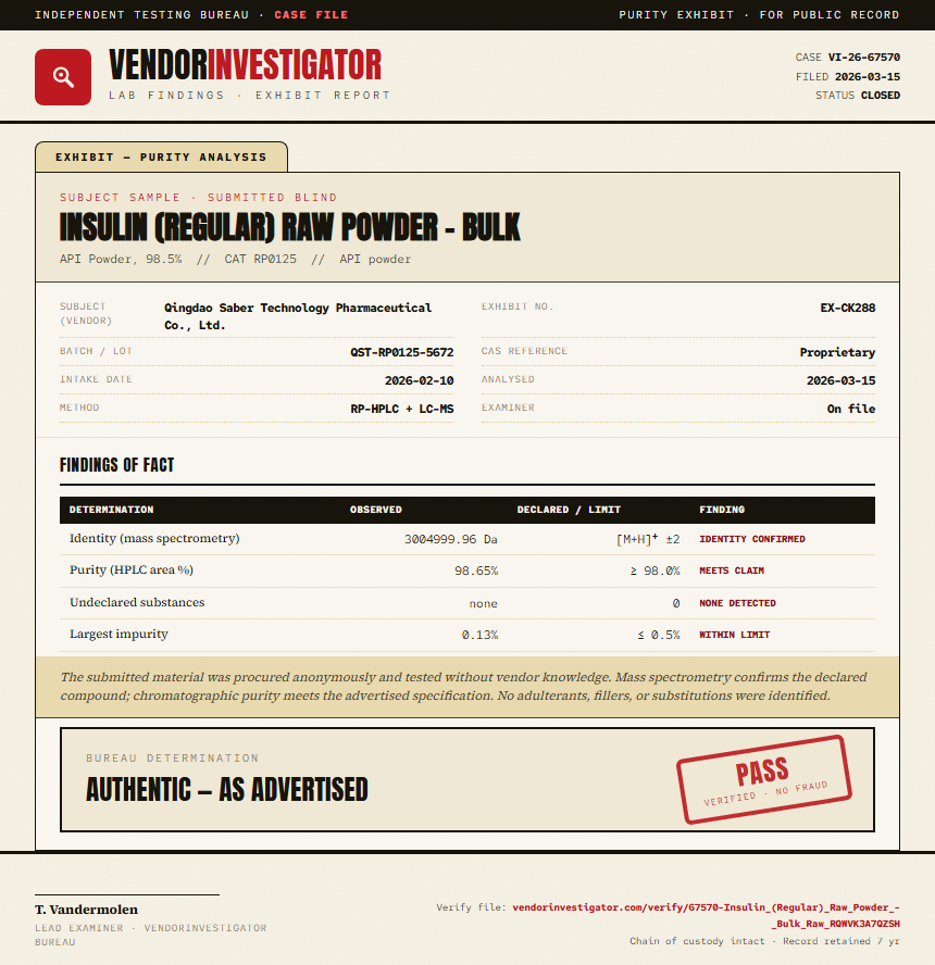 Insulin (Regular) Raw Powder - Bulk Purity (HPLC) report by VendorInvestigator
