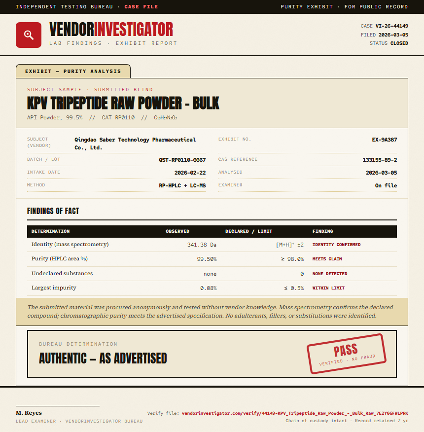 KPV Tripeptide Raw Powder - Bulk Purity (HPLC) report by VendorInvestigator