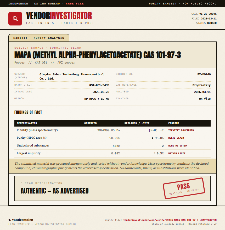 MAPA (methyl alpha-phenylacetoacetate) CAS 101-97-3 Purity (HPLC) report by VendorInvestigator