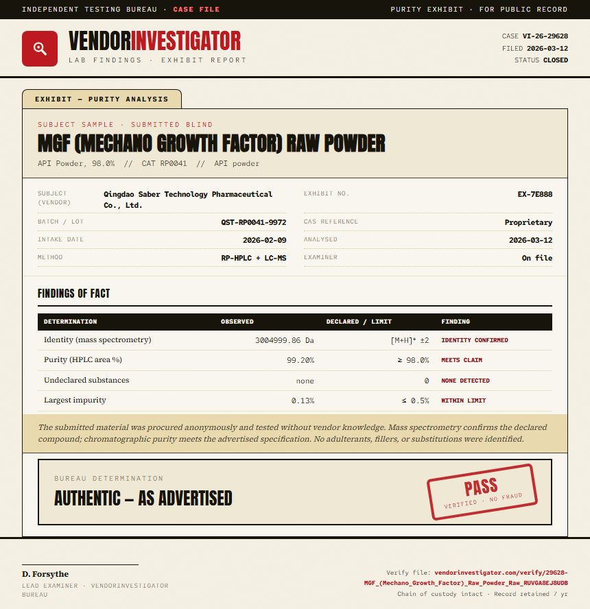 MGF (Mechano Growth Factor) Raw Powder Purity (HPLC) report by VendorInvestigator