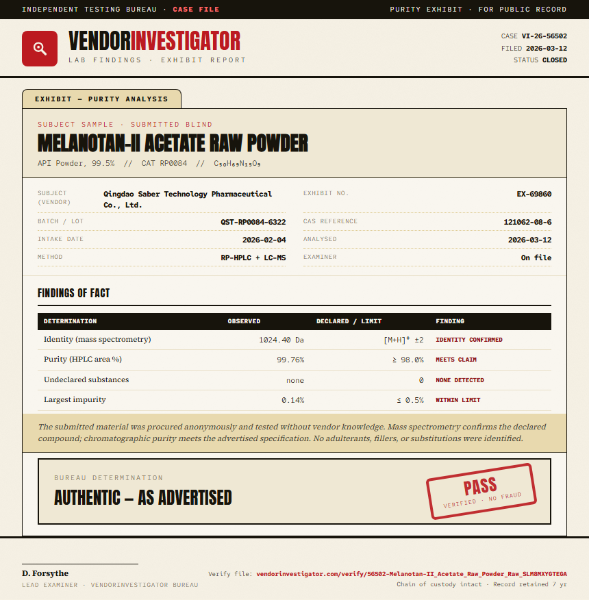 Melanotan-II Acetate Raw Powder Purity (HPLC) report by VendorInvestigator