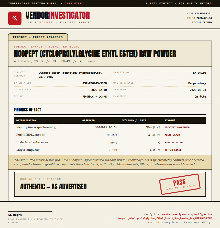 Noopept (Cycloprolylglycine Ethyl Ester) Raw Powder Purity (HPLC) report by VendorInvestigator