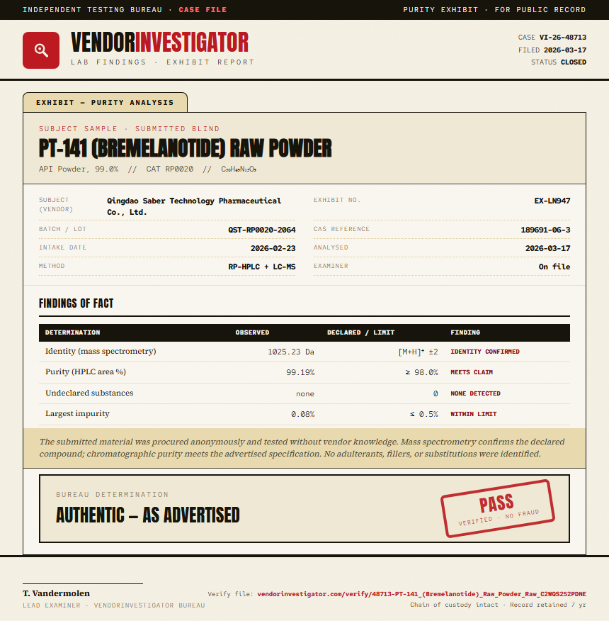 PT-141 (Bremelanotide) Raw Powder Purity (HPLC) report by VendorInvestigator