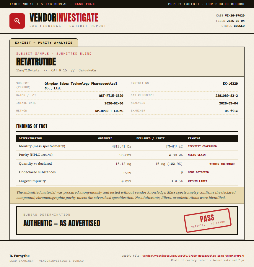 Retatrutide Purity (HPLC) report by VendorInvestigate