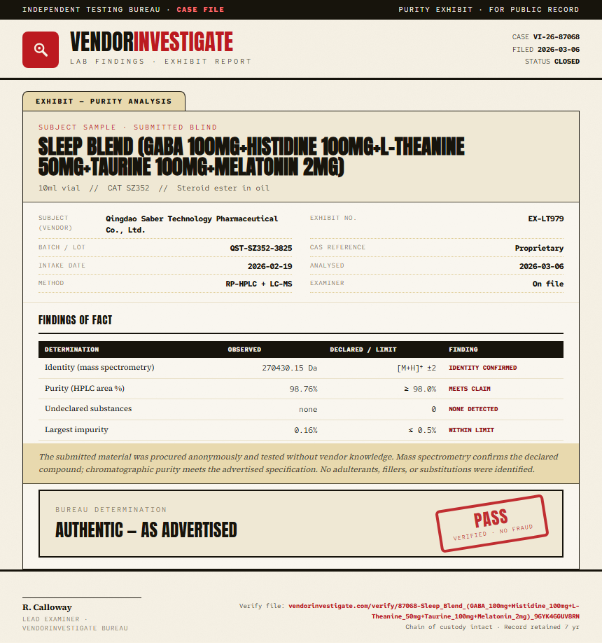 Sleep Blend (GABA 100mg+Histidine 100mg+L-Theanine 50mg+Taurine 100mg+Melatonin 2mg) Purity (HPLC) report by VendorInvestigate