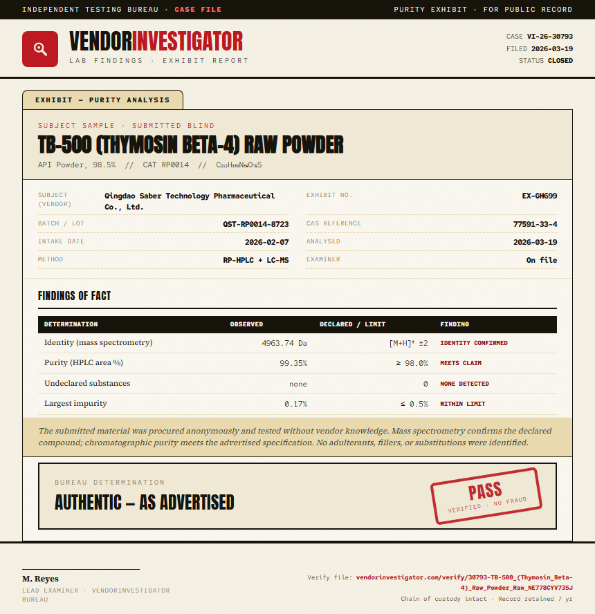 TB-500 (Thymosin Beta-4) Raw Powder Purity (HPLC) report by VendorInvestigator