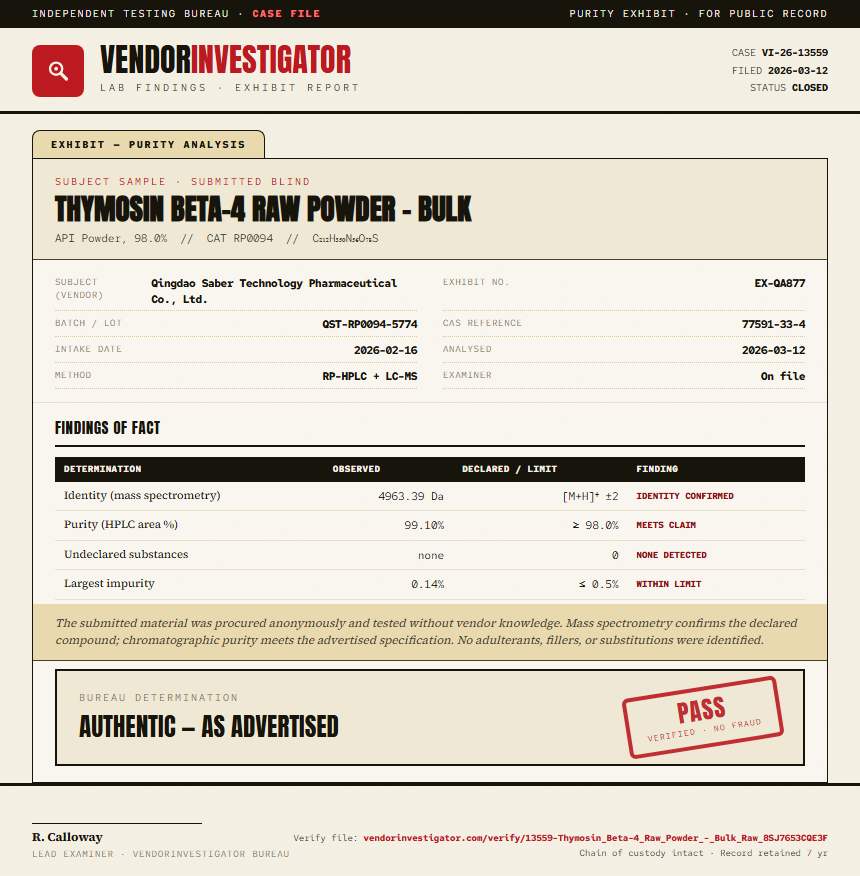 Thymosin Beta-4 Raw Powder - Bulk Purity (HPLC) report by VendorInvestigator