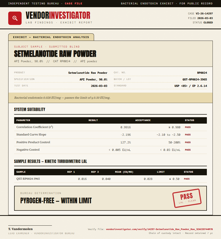 Setmelanotide Raw Powder Endotoxin report by VendorInvestigator